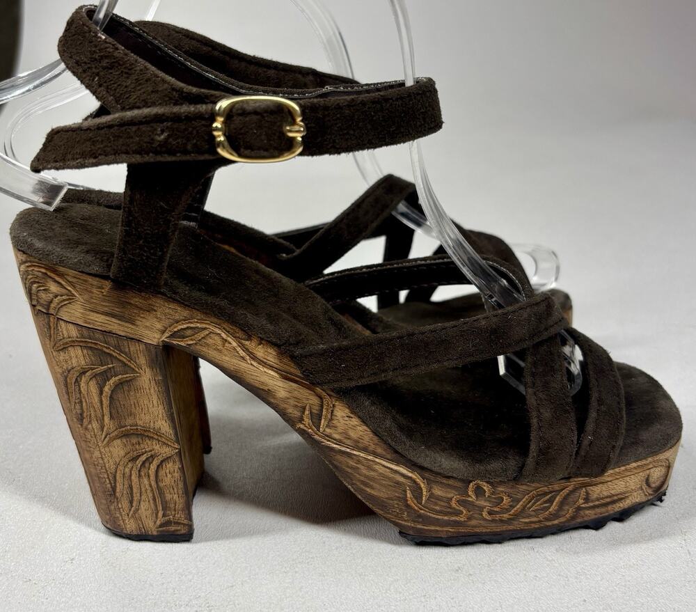 VTG Y2K Carved Wood Platform Sandals 6.5 7 Brown Suede Strappy Boho 90s 70s RARE